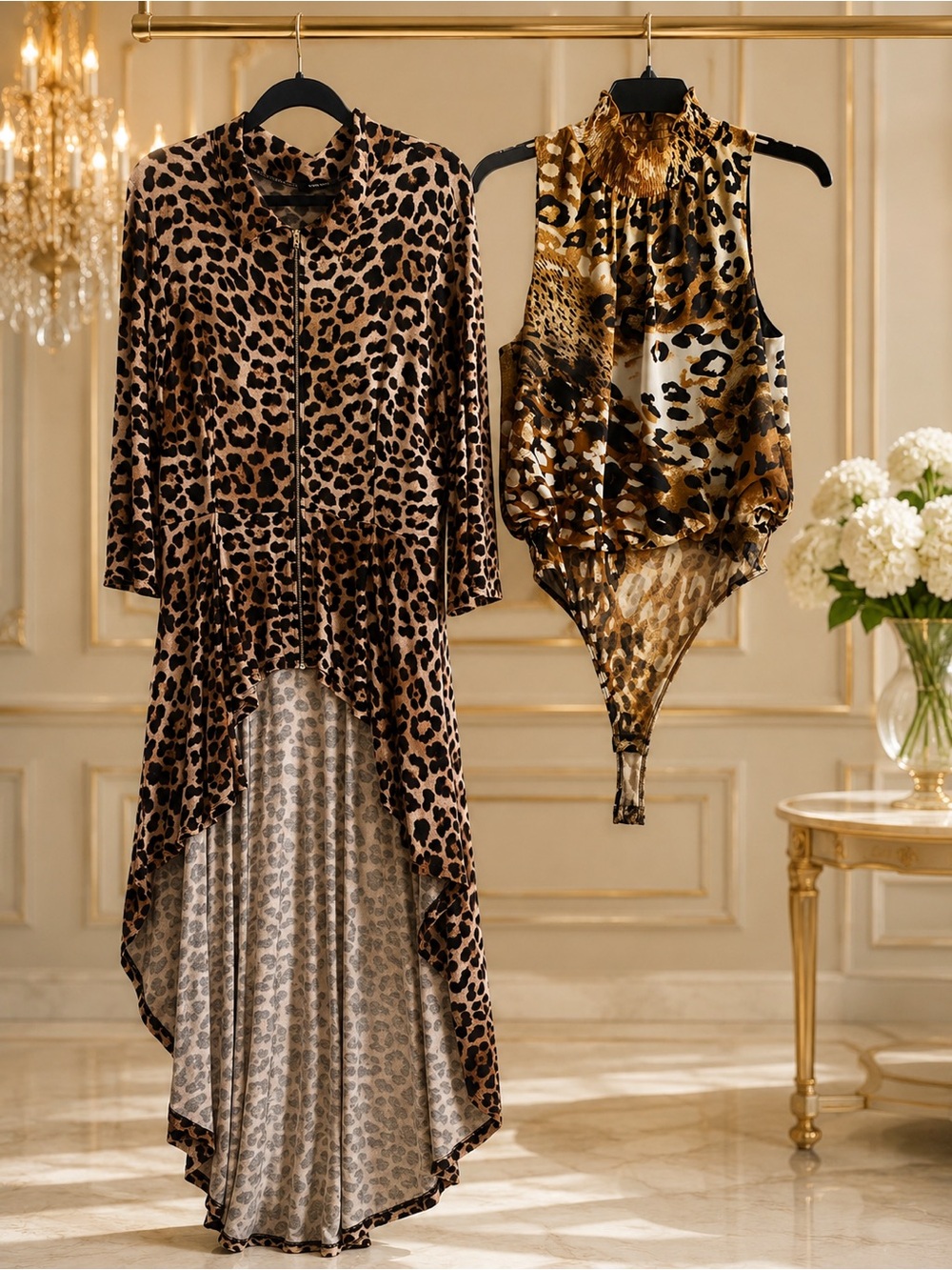 Leopard Print Hi-Low Jacket & Sleeveless Bodysuit Set - Brown/Black